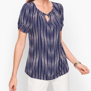 NWT Talbots Navy Blue Floral Stripe Short Sleeve Blouse Petite Small Spring